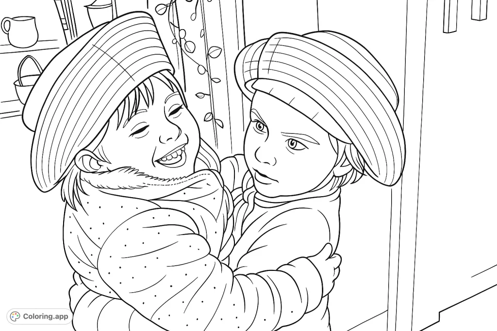 A heartwarming coloring page featuring two smiling children wearing playful hats, sharing a joyful hug. Perfect for capturing tender moments and creative fun.