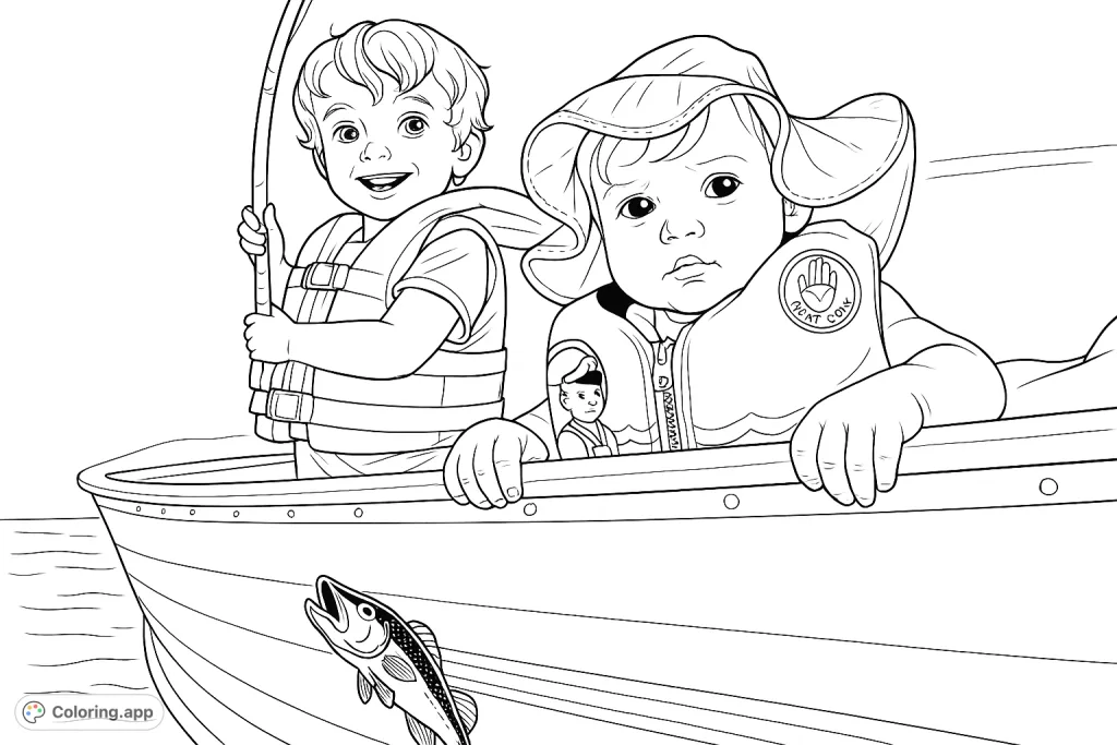Two cheerful children embark on a delightful boat adventure. This charming coloring page captures a sweet moment on the water, perfect for young imaginations.