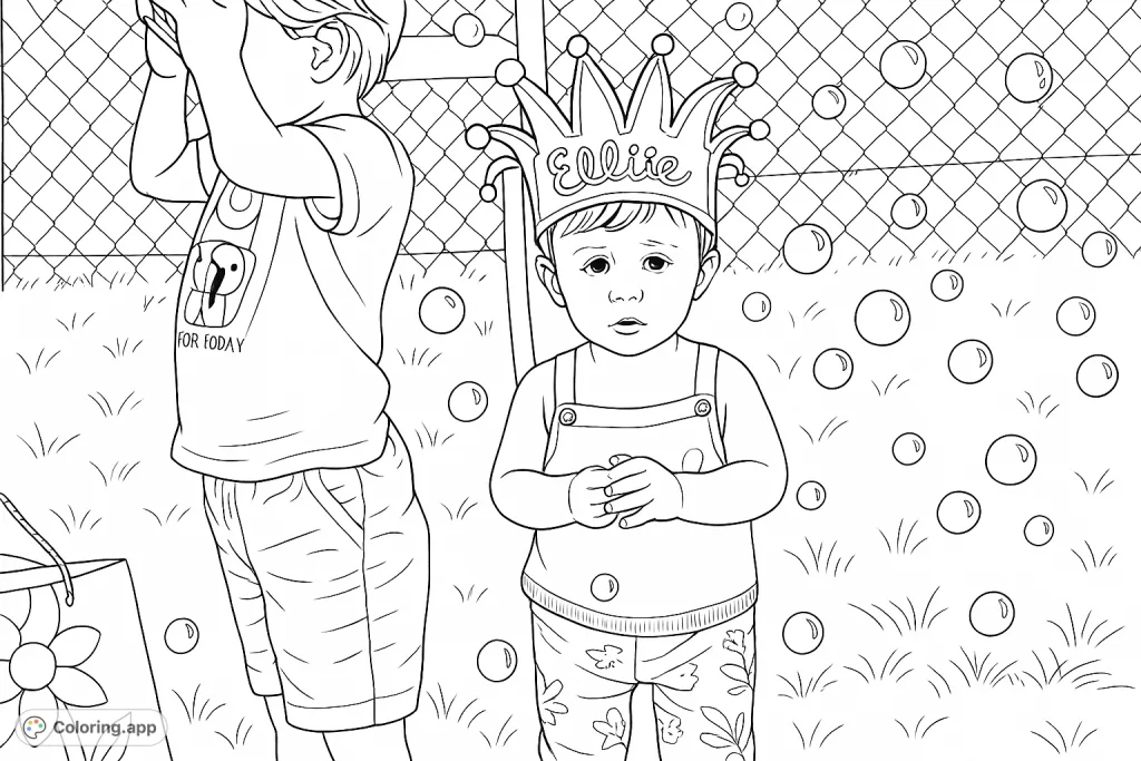 A delightful jester-hatted child stands surrounded by playful bubbles, with another child nearby. A charming scene for imaginative coloring.