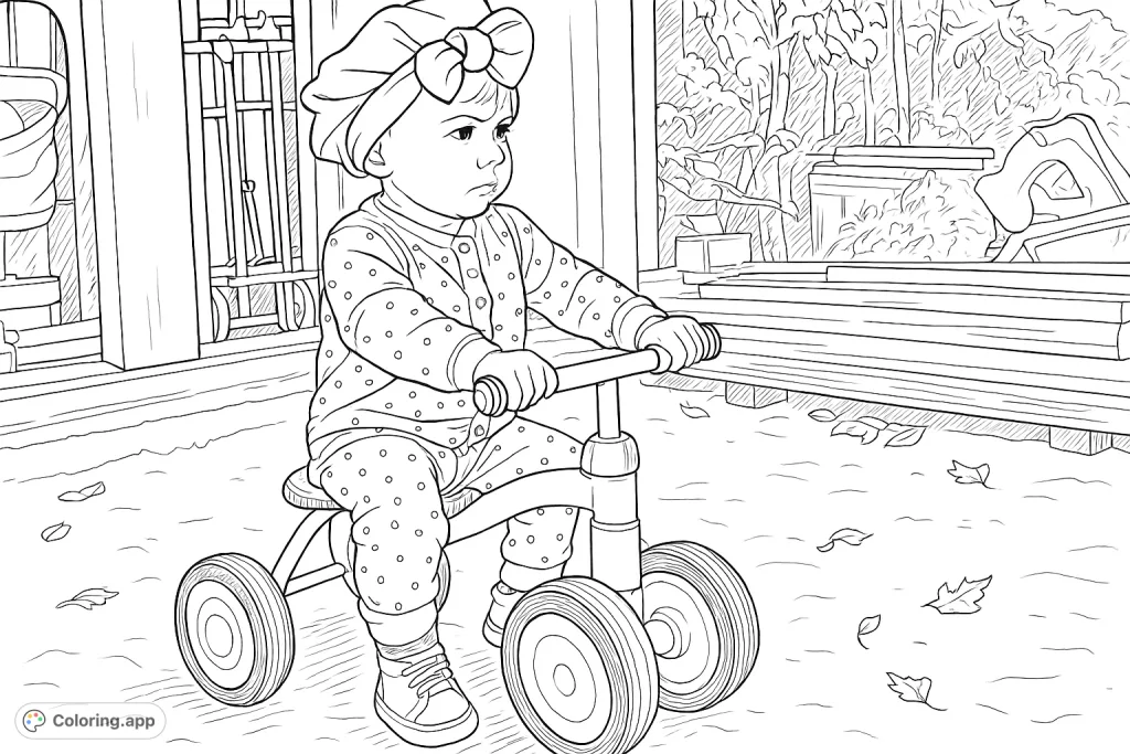 A charming toddler on a three-wheeled tricycle, ready for adventure. Features a dotted outfit and a sweet bow, set against an outdoor backdrop with leaves.