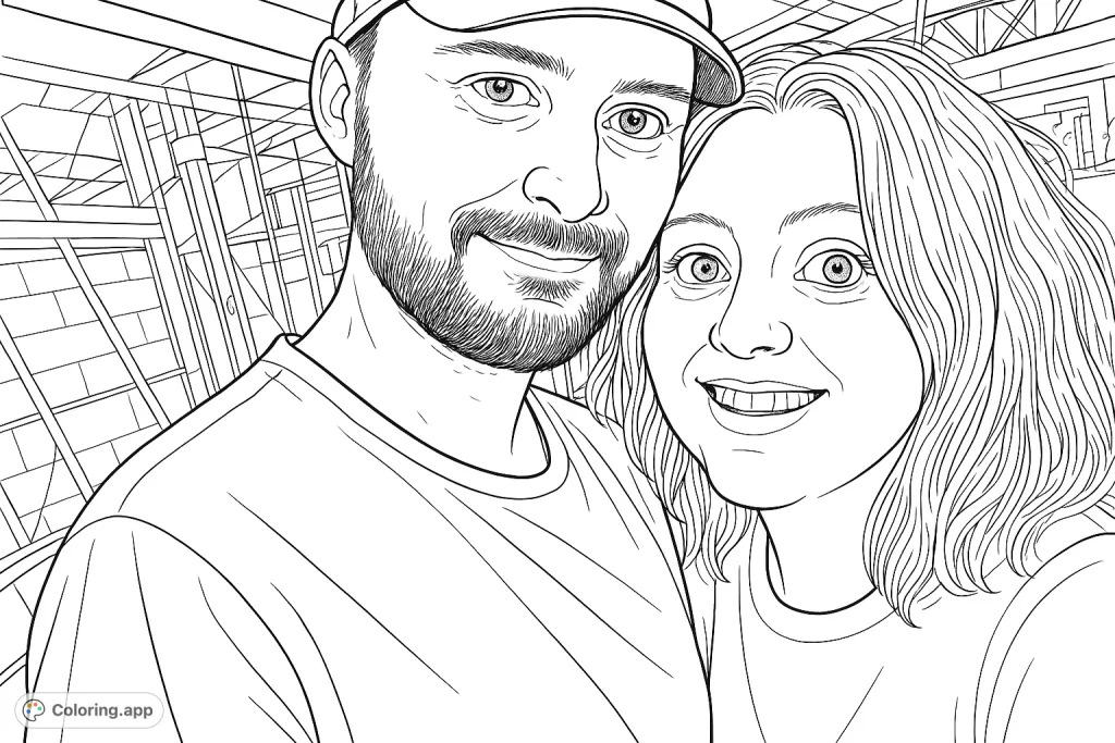 A heartwarming close-up portrait of a couple, perfect for personalizing with your favorite shades. Enjoy coloring their expressions and modern backdrop.