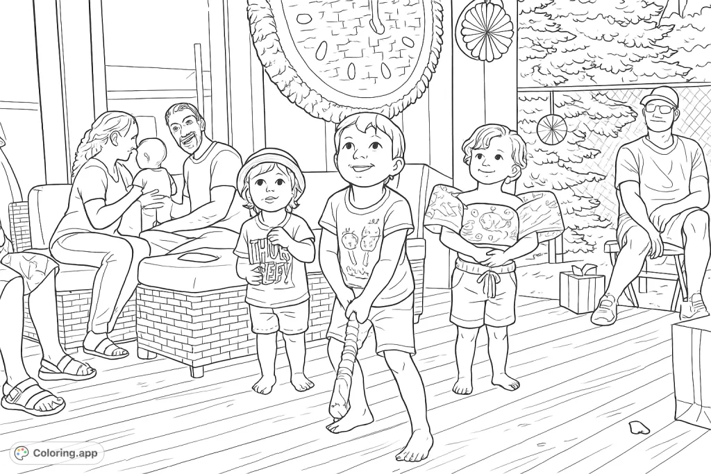 A lively outdoor scene featuring three children playing near adults, with a fruit-shaped piñata and festive decorations, perfect for a summer celebration.