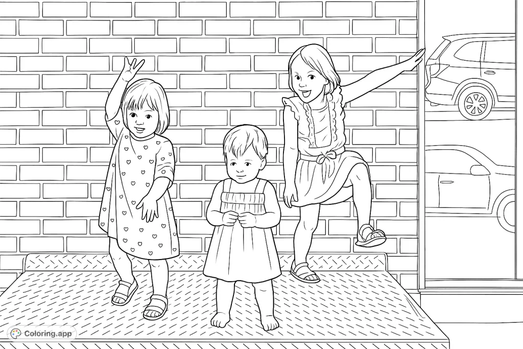 Three cheerful children strike playful poses against a brick wall, radiating youthful energy. A delightful and free printable children coloring page for all ages.