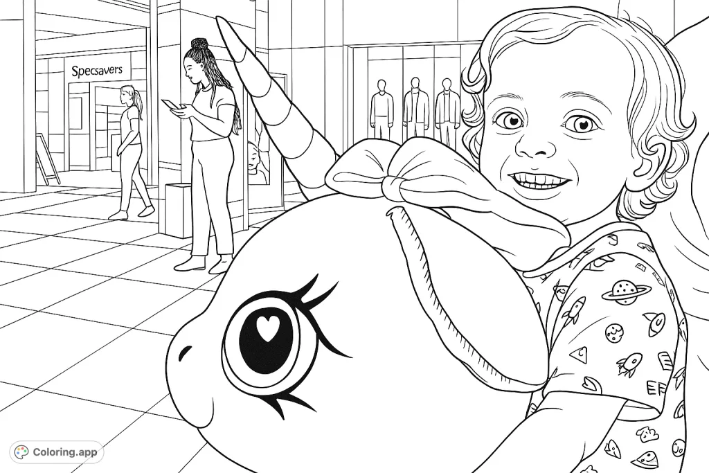 A delightful coloring page showing a happy child hugging a fluffy unicorn toy in a mall setting. Perfect for imaginative play and detail coloring.
