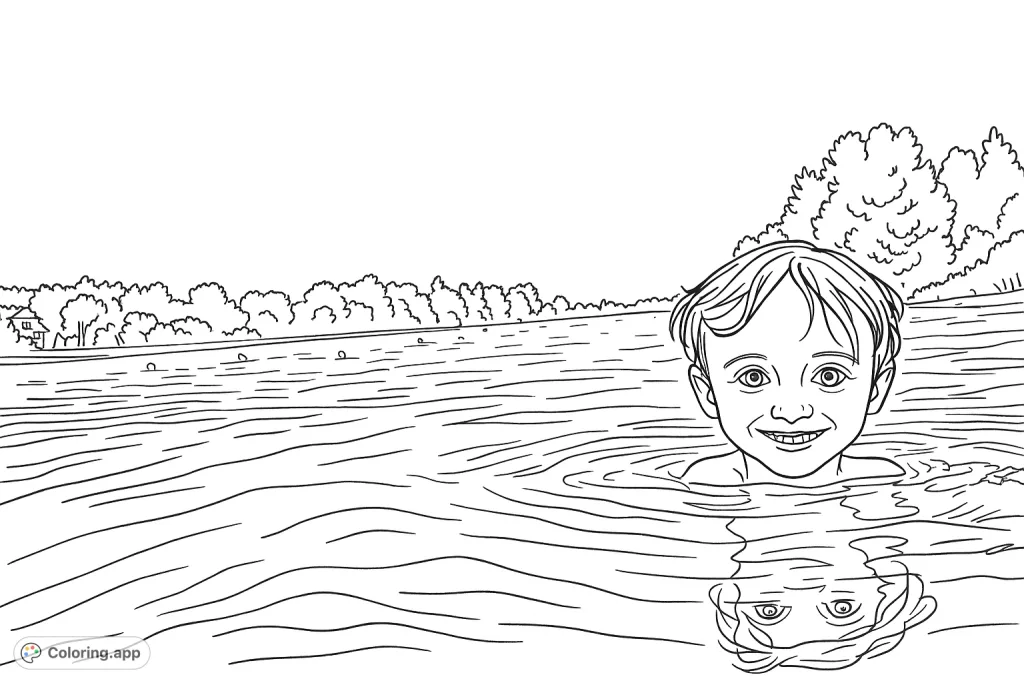 A cheerful child enjoys a refreshing swim, smiling brightly from the water. Features a distant treeline and floating markers, perfect for a fun coloring session.