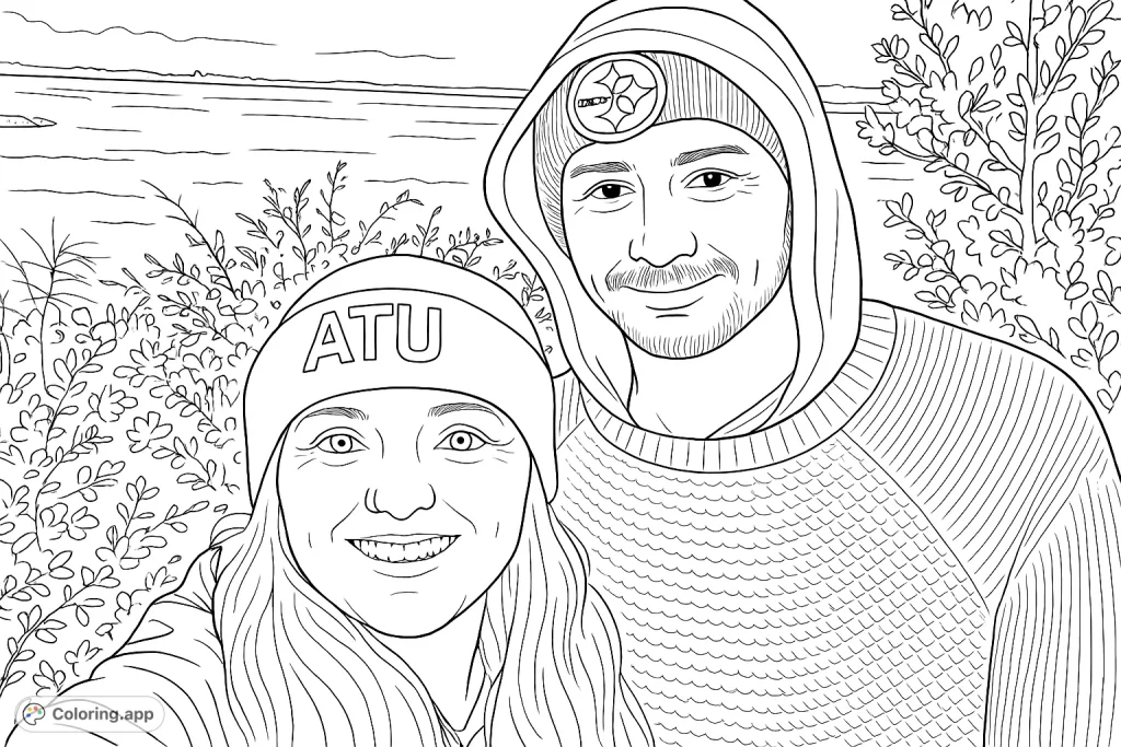 Capture a heartwarming outdoor portrait of two smiling individuals against a serene waterscape. Personalize their expressions and the scenic background.