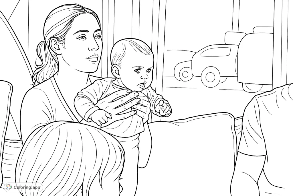 Capture the loving bond between a mother and her baby in this heartwarming family portrait. Perfect for a calming and detailed coloring experience.