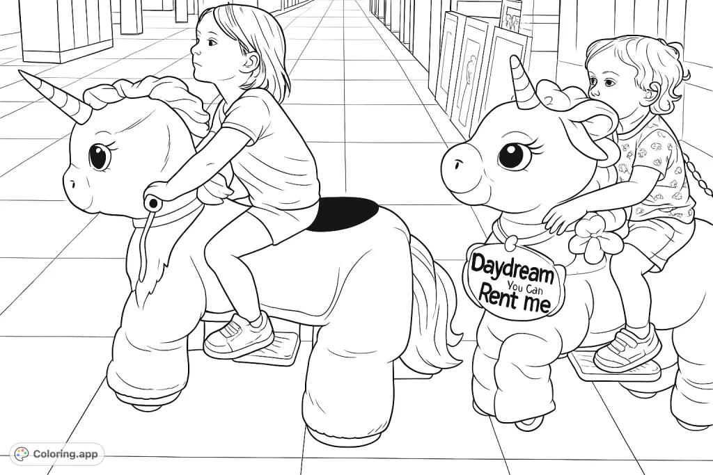 Join two joyful children on a fantastical unicorn ride through a vibrant indoor setting. A fun unicorn coloring page for imaginative play!