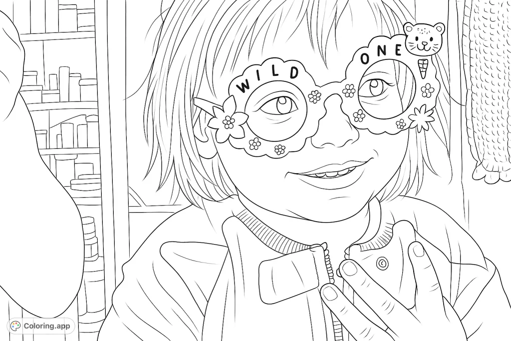 Capture the joy of a special milestone with this 'Wild One' coloring page featuring a smiling child in decorative novelty glasses, perfect for any celebration.