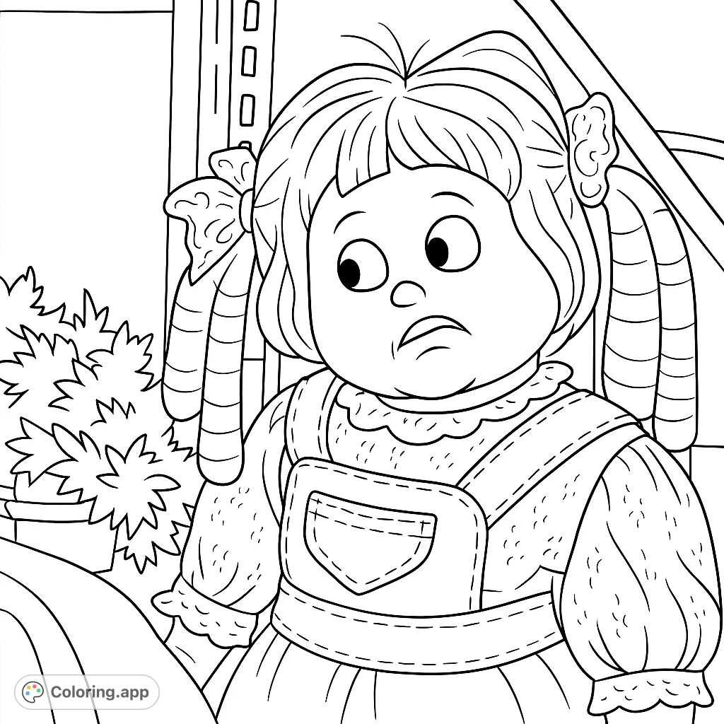 A whimsical doll with curly pigtails and a curious expression, dressed in denim overalls. Perfect for a fun coloring session.