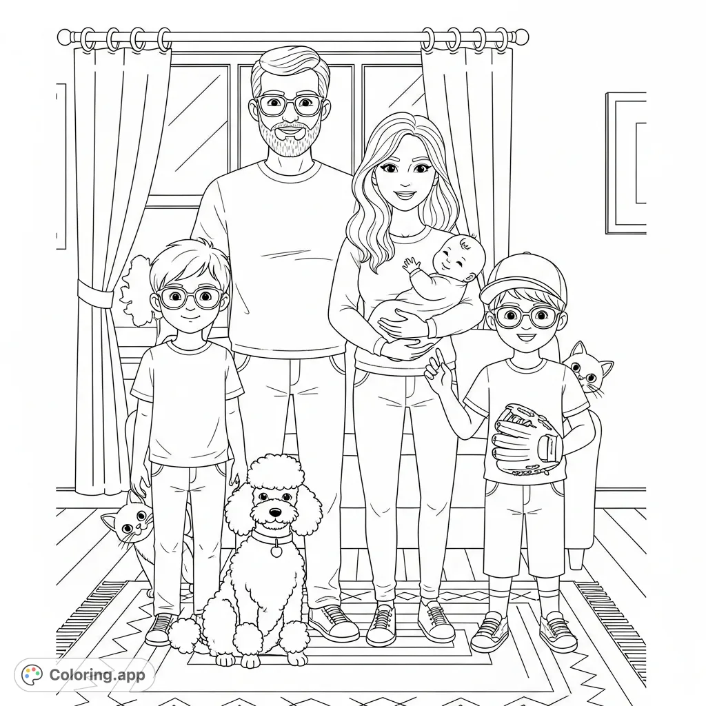 A heartwarming family portrait featuring parents, three children (including a baby), a poodle, and a cat, perfect for a personalized coloring experience.