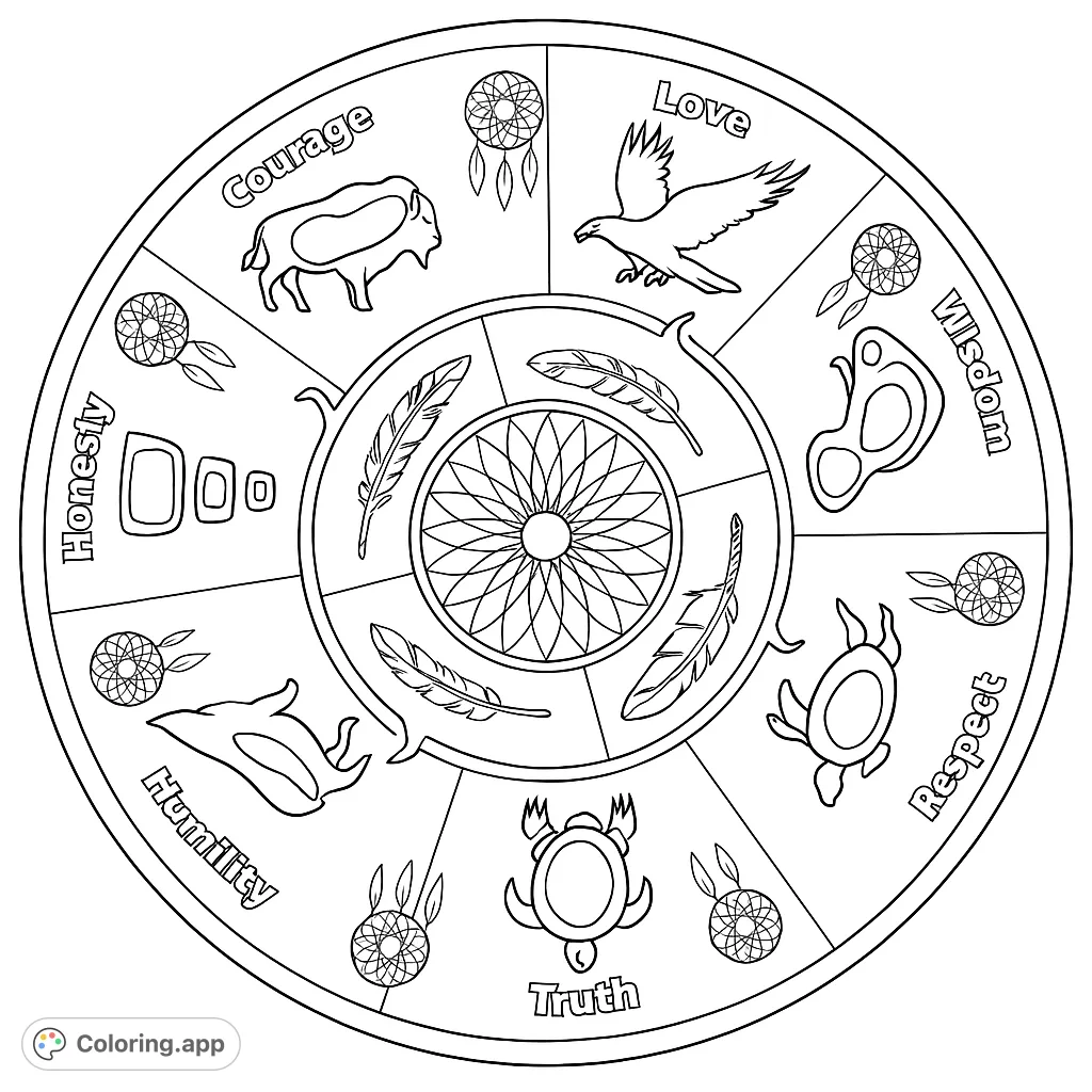Explore a vibrant circular design illustrating seven indigenous teachings through animal symbols, feathers, and geometric patterns, perfect for mindful coloring.