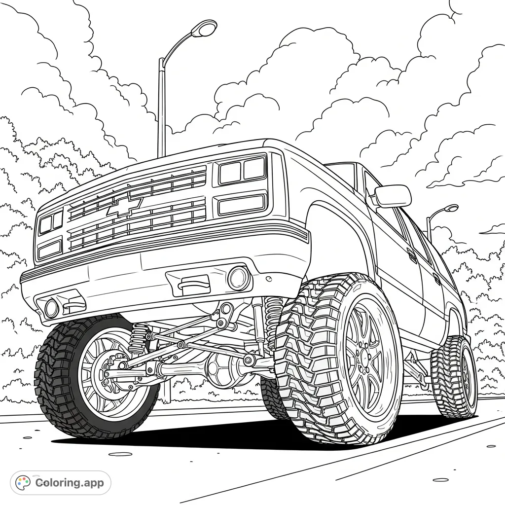 Explore this imposing lifted off-road SUV coloring page with its detailed suspension, massive wheels, and a rugged background. Perfect for automotive enthusiasts.