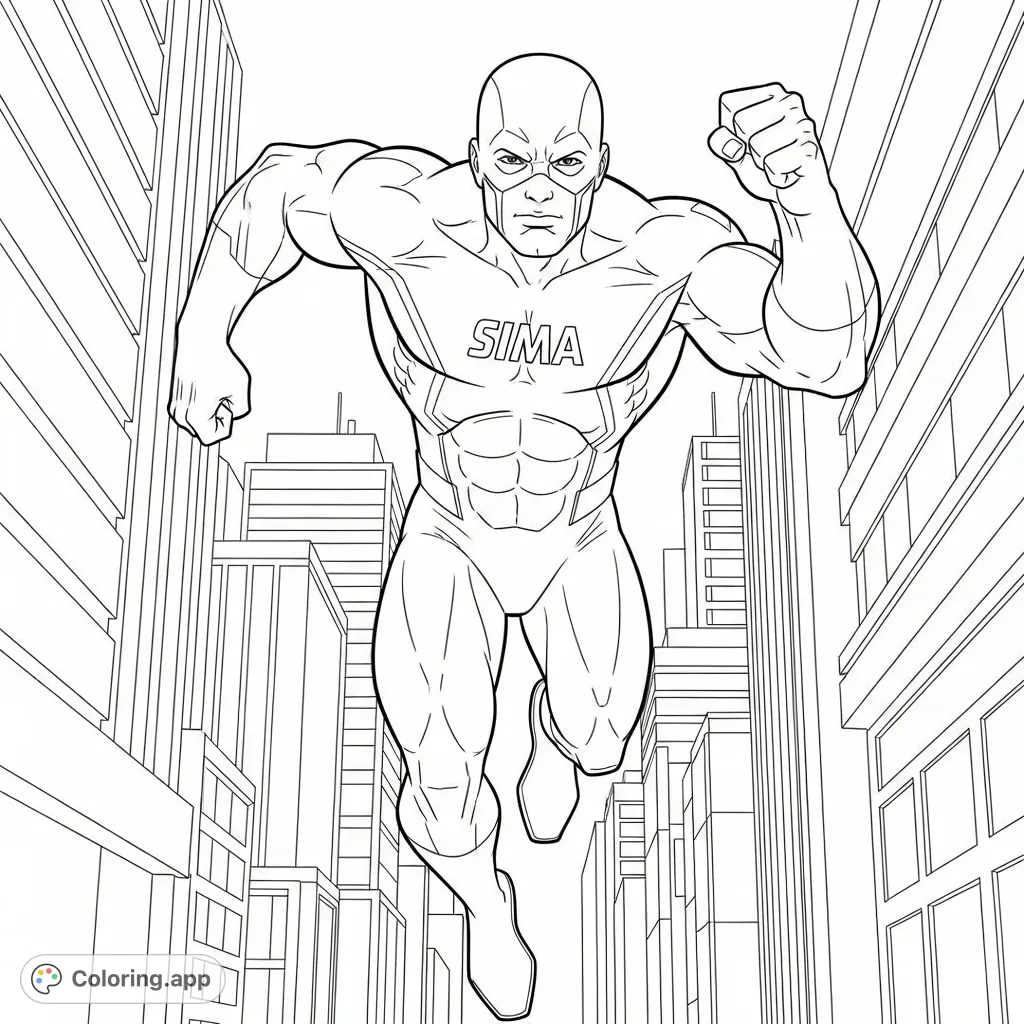 Unleash your creativity with Sima, the fast Avengers-themed superhero, speeding through a city. A dynamic coloring page for all hero fans!