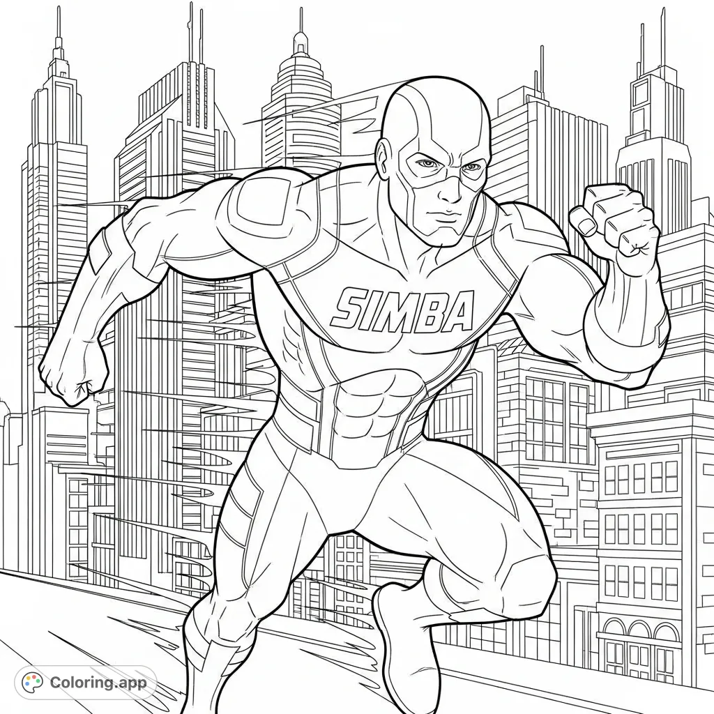 Unleash your creativity with this dynamic Simba superhero coloring page! Features a powerful hero in a high-speed dash across a vibrant cityscape.
