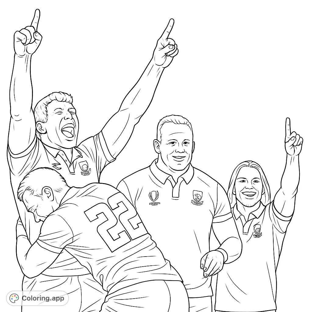 Dynamic rugby scene capturing players celebrating a victory, arms raised in triumph. Perfect for sports enthusiasts to color and enjoy.