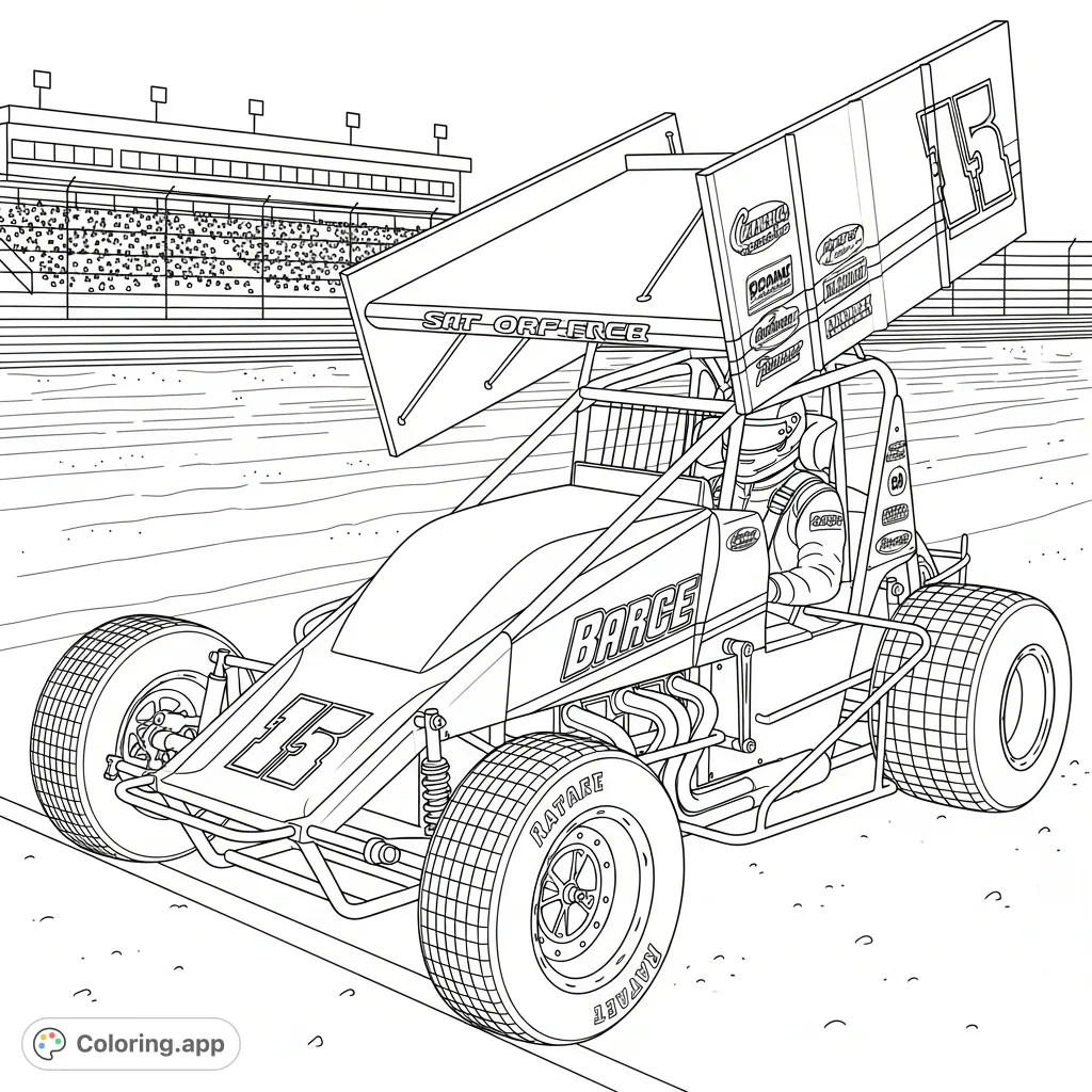 Experience the thrill of racing with this detailed sprint car coloring page, poised at the dirt track starting line with a fully geared driver and cheering spectators.