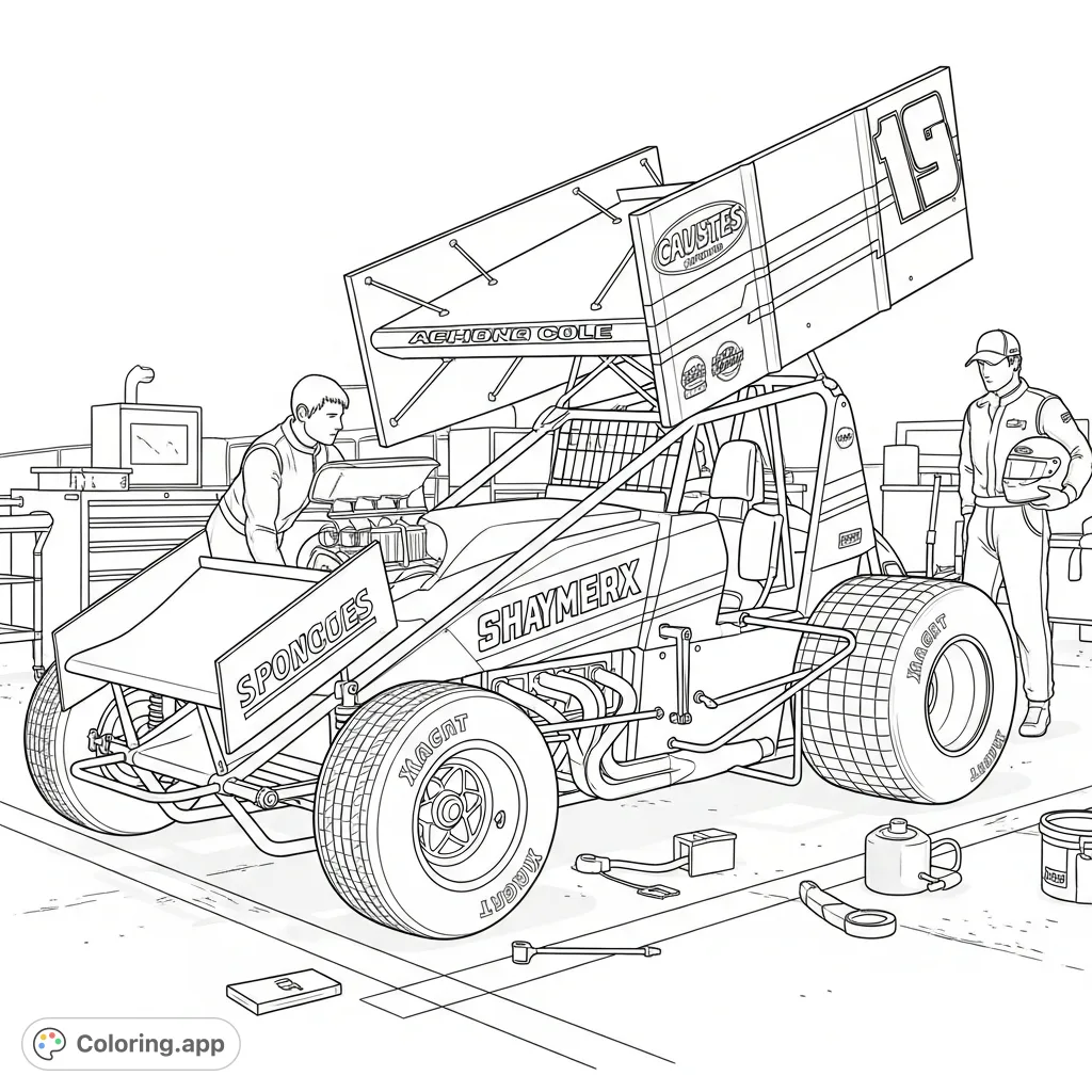 Experience the high-octane world of racing with a detailed sprint car in a bustling pit lane, complete with mechanic, driver, and tools. A captivating scene for car enthusiasts.