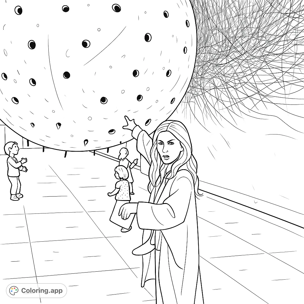 Explore a modern art installation featuring a large, spiked sphere and curious visitors. Perfect for creativity and focus.