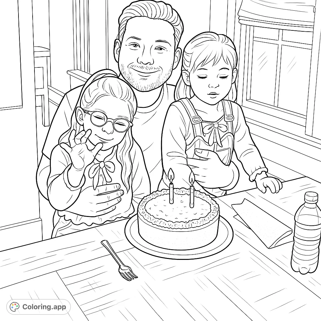 Capture a heartwarming family birthday moment with a man, two girls, and a festive cake on a wooden table, ready for your creative touch.