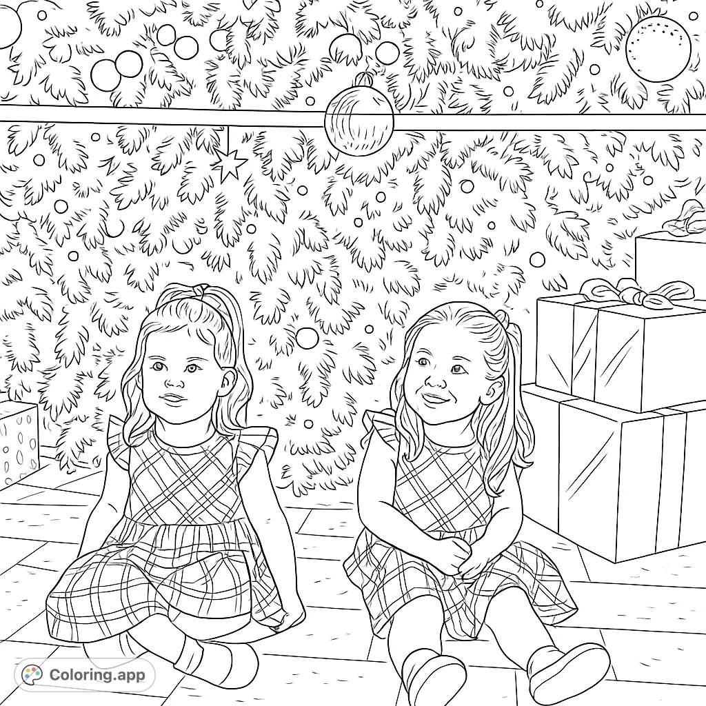 Capture the joy of the holidays with two smiling girls and their gifts beside a beautifully decorated tree. A delightful scene for festive coloring fun.