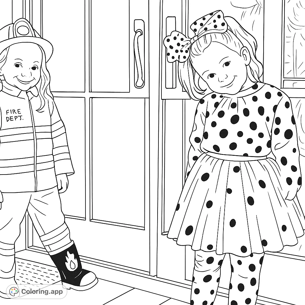 Join two cheerful kids in adorable costumes! A brave firefighter and a playful dalmatian pup ready for adventure. Perfect for imaginative coloring fun.