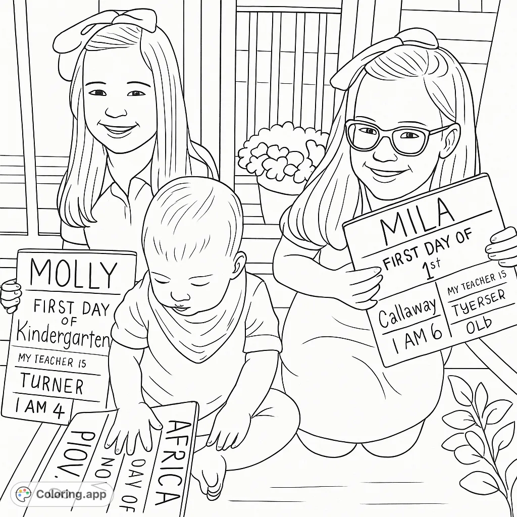 Celebrate the first day of school with this heartwarming siblings coloring page featuring two girls proudly holding their school signs, with their baby sibling nearby. A perfect free printable coloring page.