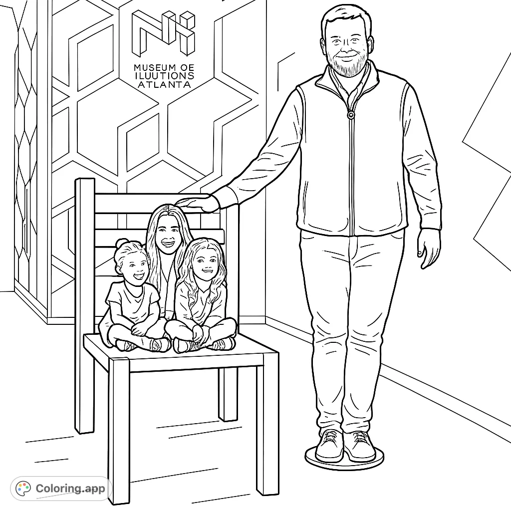 Experience the wonder of an optical illusion with a family scene! A man, woman, and two girls interact with a giant chair, creating a playful size distortion.