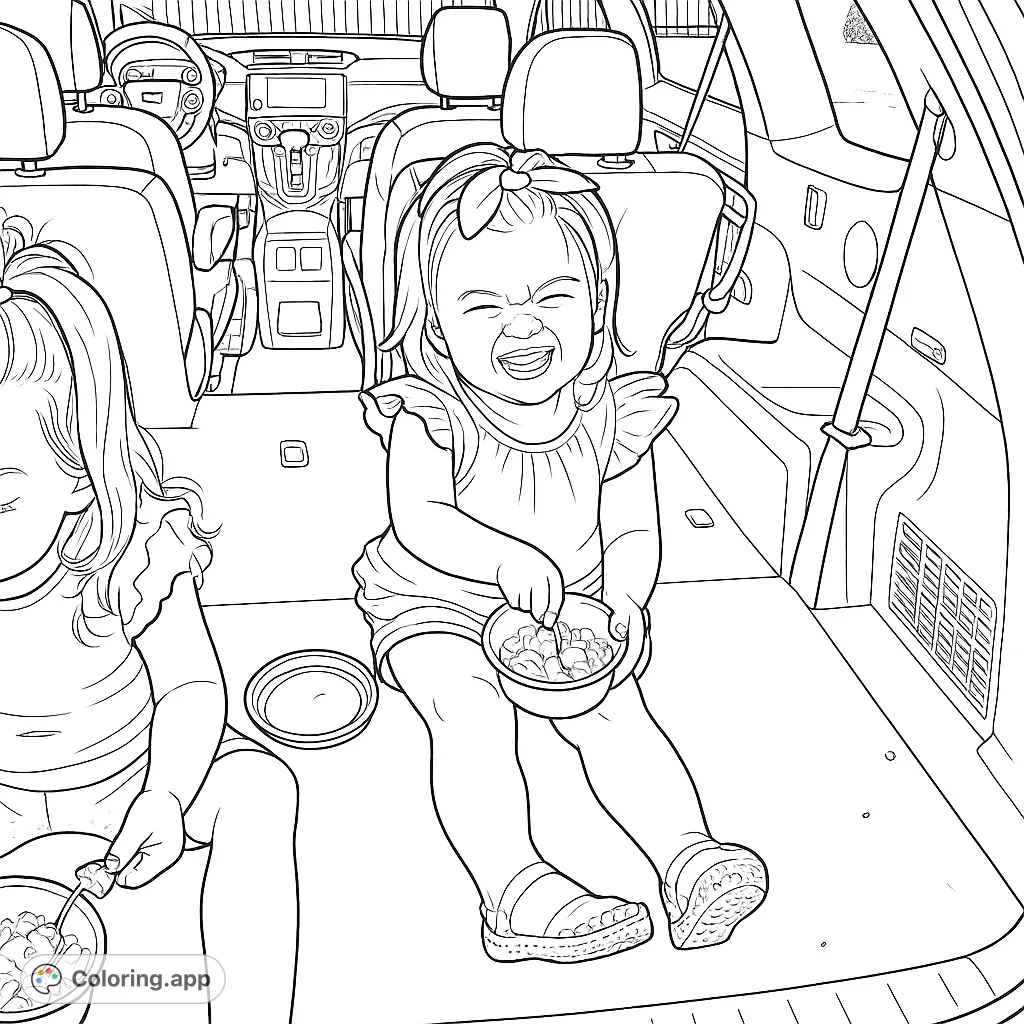 A heartwarming scene of two happy toddlers enjoying snacks in the open cargo area of a vehicle. A joyful moment perfect for children to color and personalize.