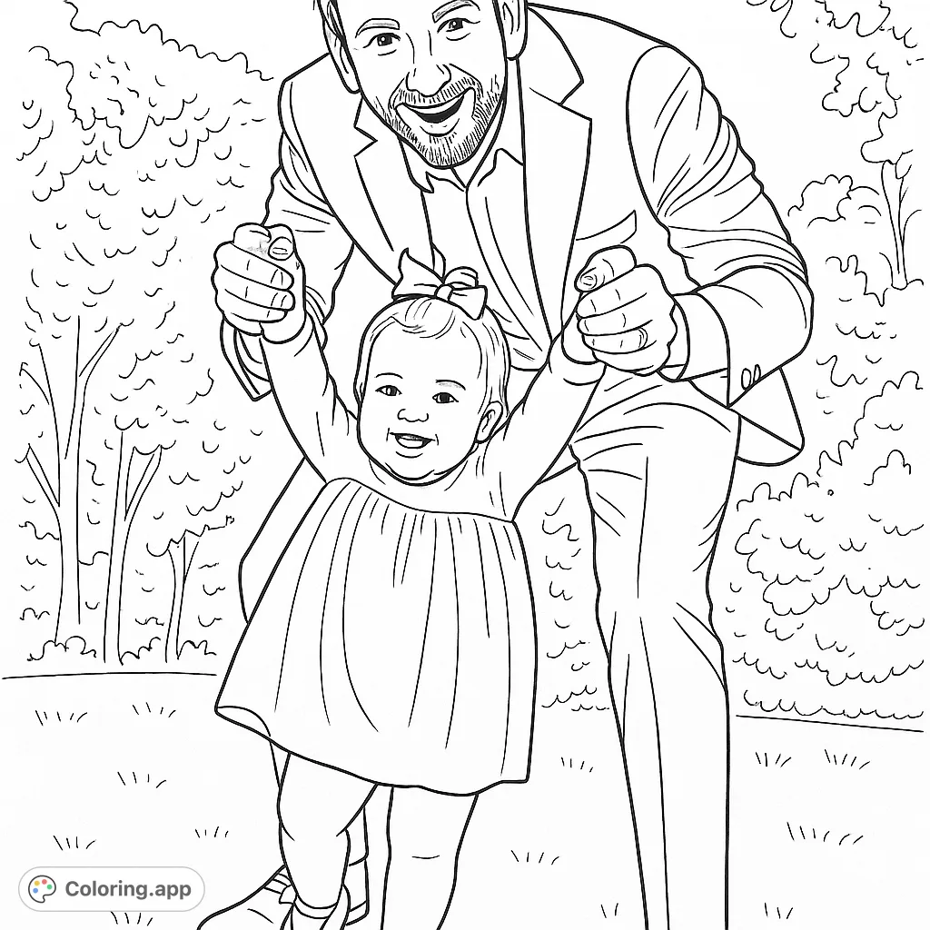 A heartwarming scene of a father helping his cheerful baby take wobbly first steps. This joyful family bonding moment is perfect for a special coloring page.
