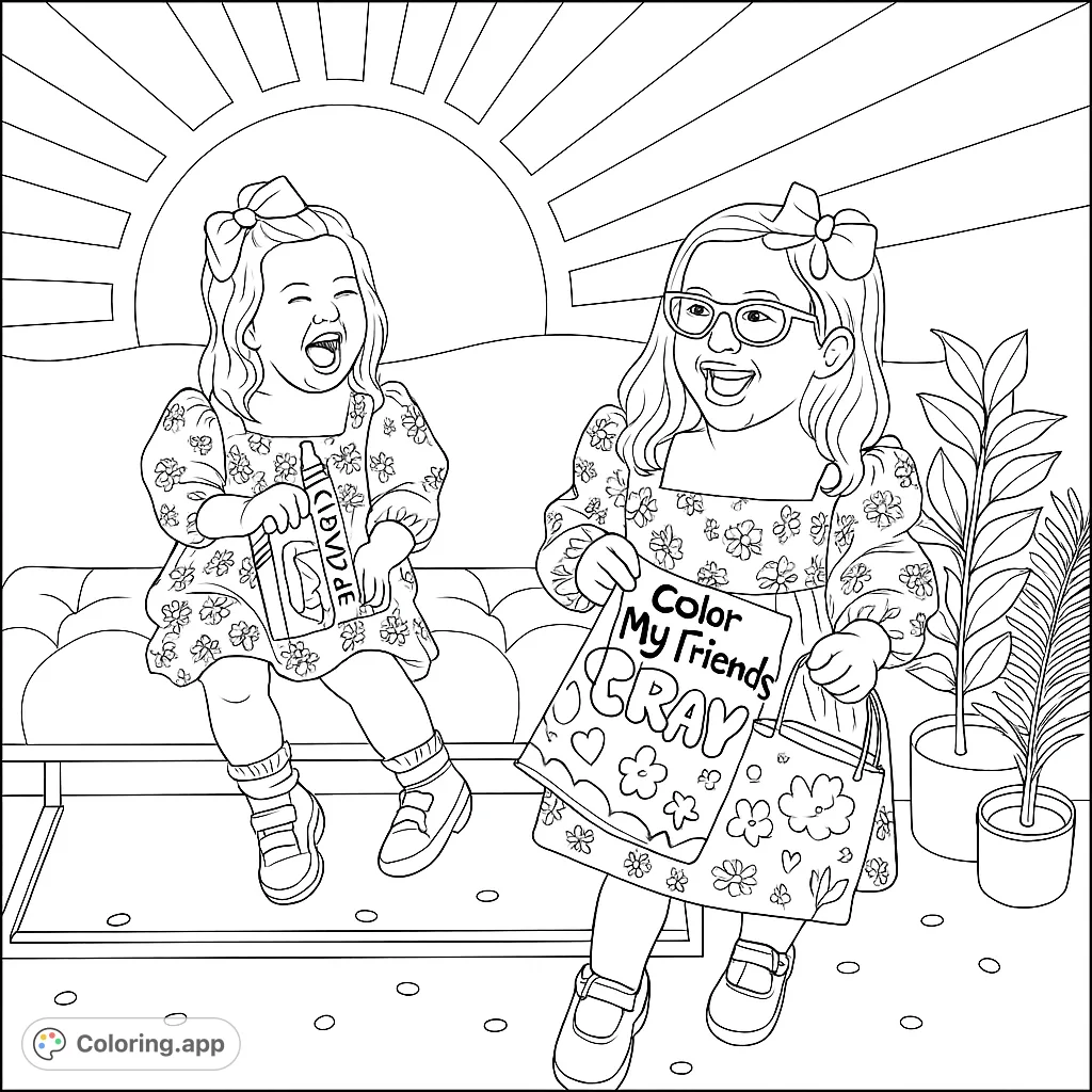 Two joyful young children in patterned dresses, adorned with bows, share a moment of laughter against a whimsical backdrop of sun and waves. A delightful scene for creative coloring.