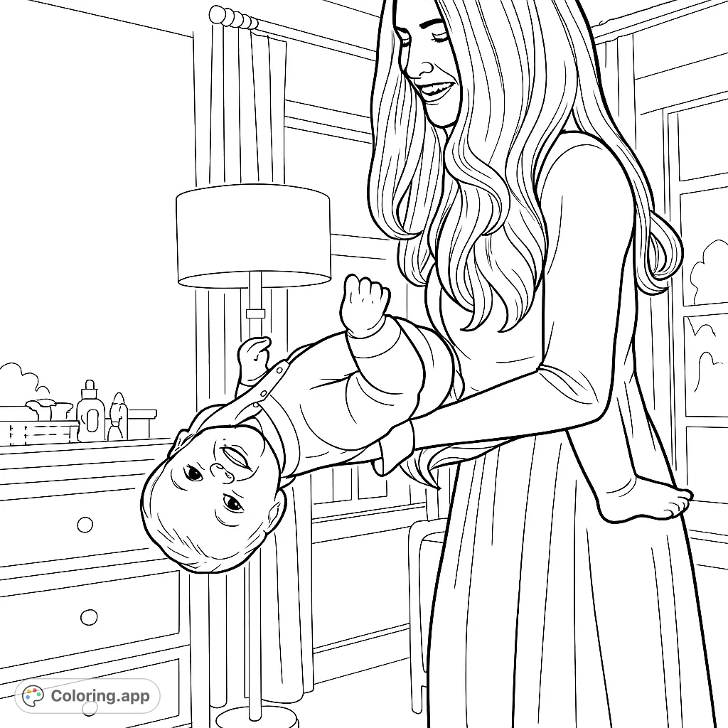Capture a heartwarming moment of a mother playfully holding her smiling baby upside down. This joyful scene invites you to add your creative touch to a tender family bond.