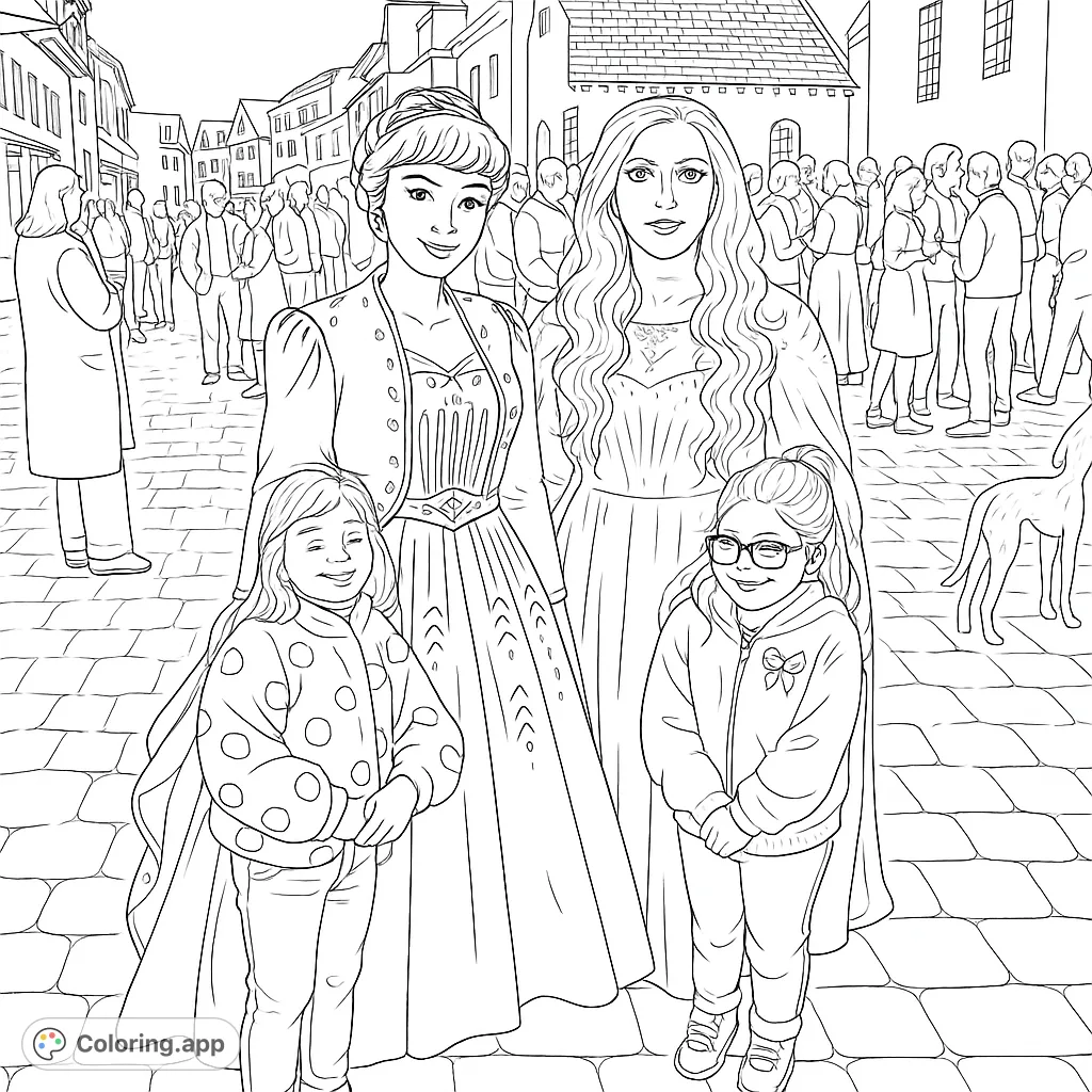 An enchanting scene with two majestic fantasy characters and two young admirers on a bustling street. Perfect for fans of fairy tales and imaginative play.