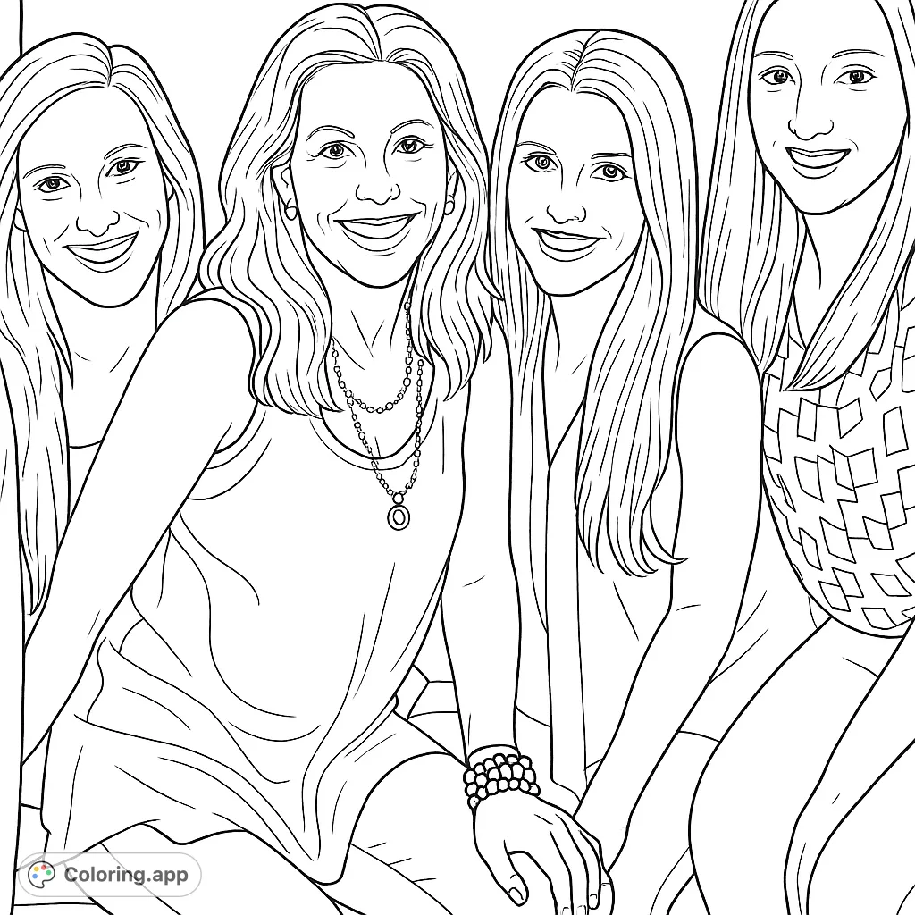 Capture the joy of friendship with this detailed coloring page featuring a group of four smiling women. Perfect for a realistic portrait experience.