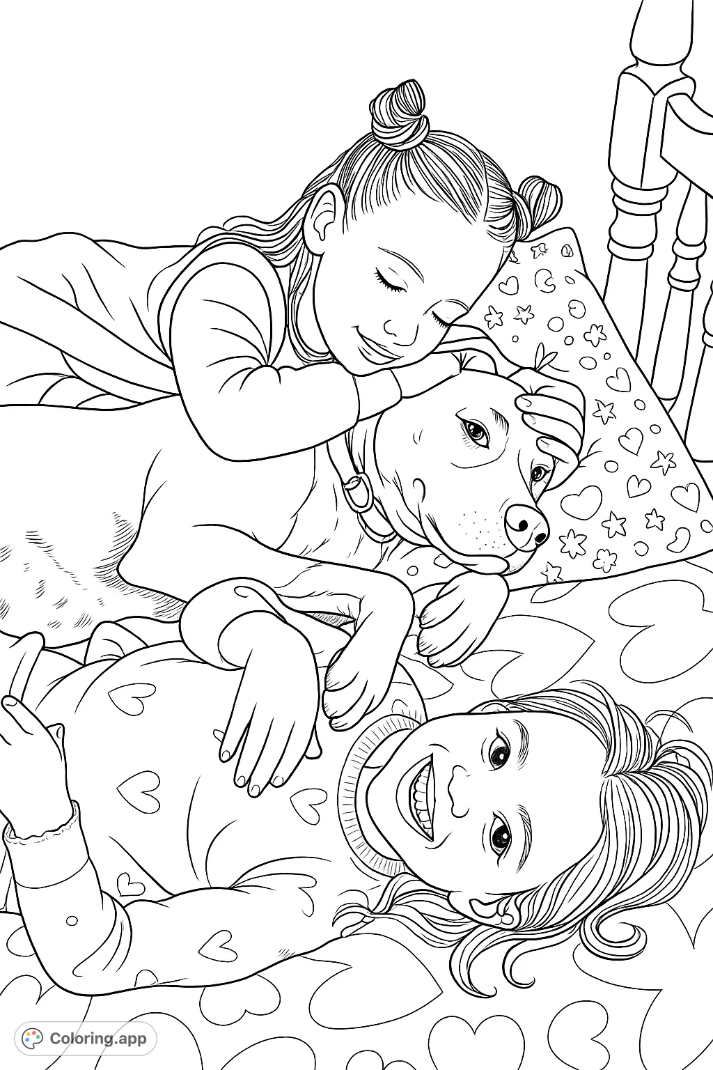 Capture a heartwarming scene of two children sharing a loving moment with their dog on a patterned bed, perfect for a friendship coloring page.