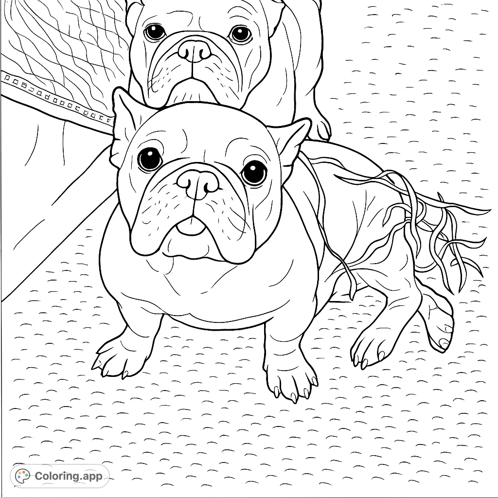 Two adorable French Bulldogs, one with a playful tongue out and festive streamers, pose on a textured rug. A charming scene for dog lovers.