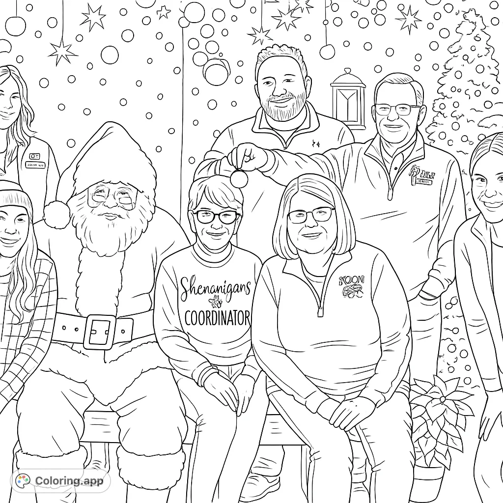 Capture the warmth of a holiday gathering with Santa Claus and friends. This festive coloring page features a cheerful group portrait against a sparkling backdrop.