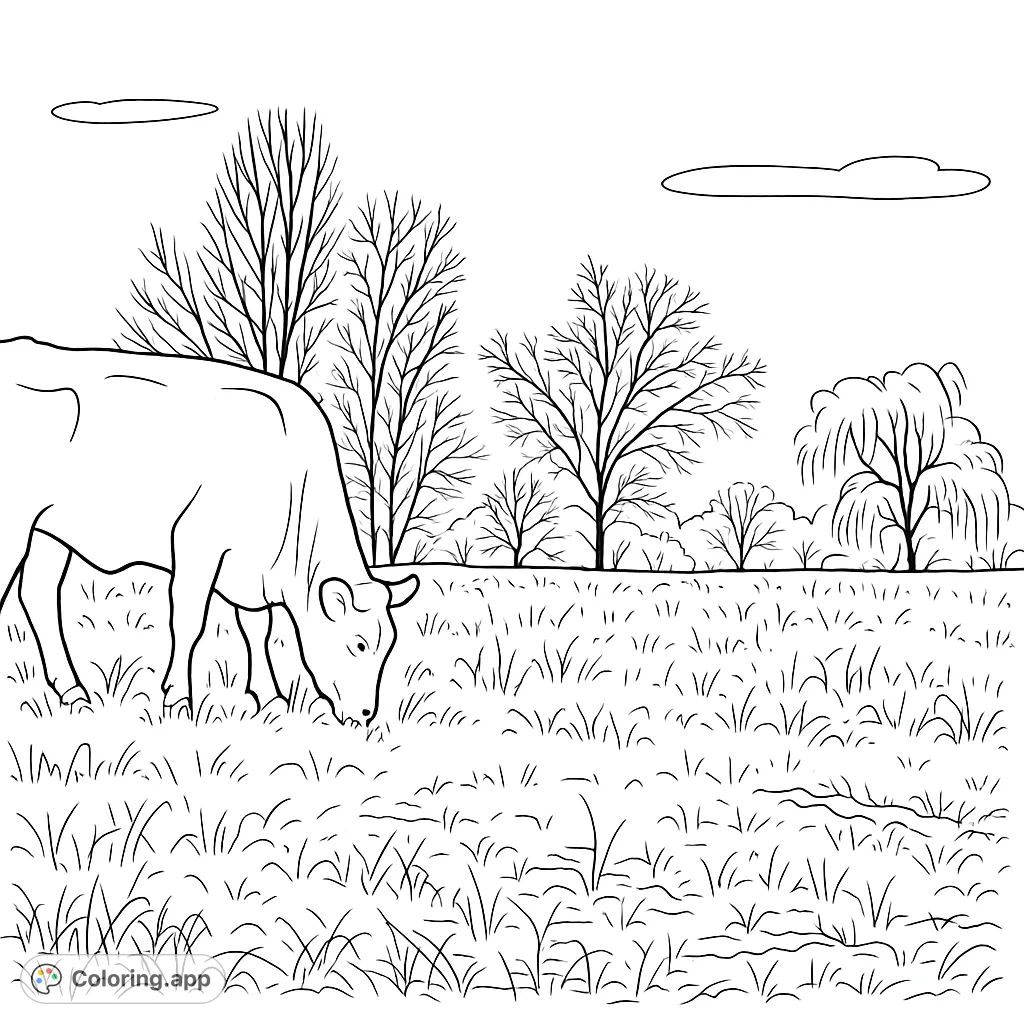 A peaceful farm animal coloring page featuring a large bovine grazing in a field with bare trees and distant hills. Perfect for nature enthusiasts.