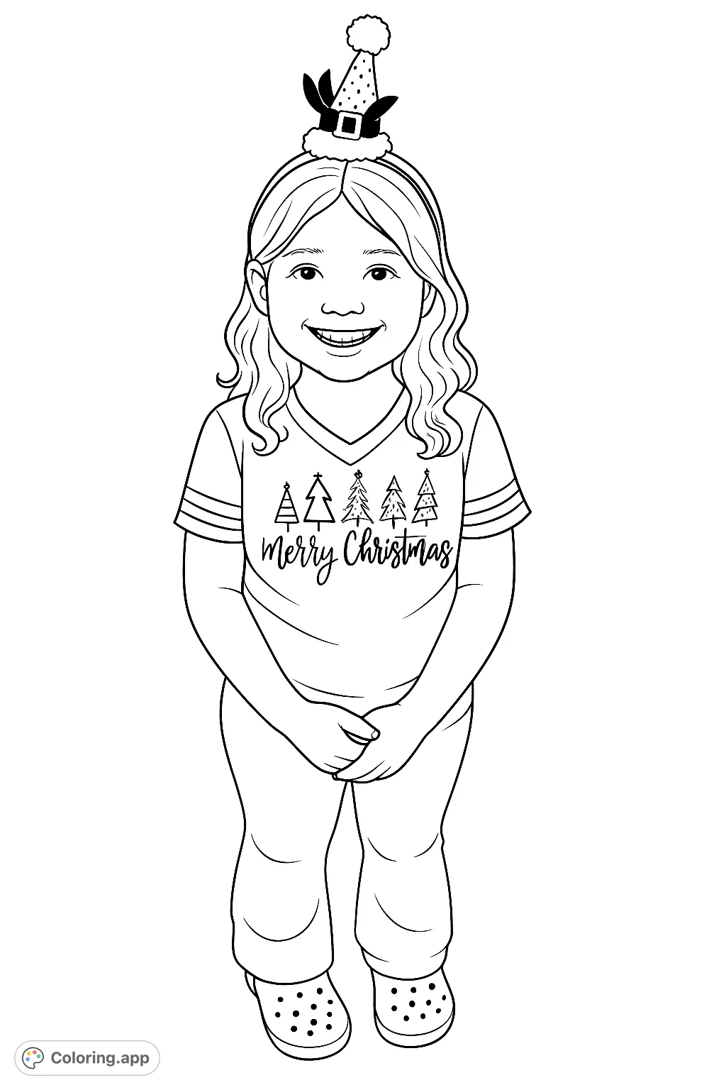 A cheerful girl wearing a festive mini Santa hat headband and a "Merry Christmas" shirt with pine trees. Perfect for holiday coloring fun!