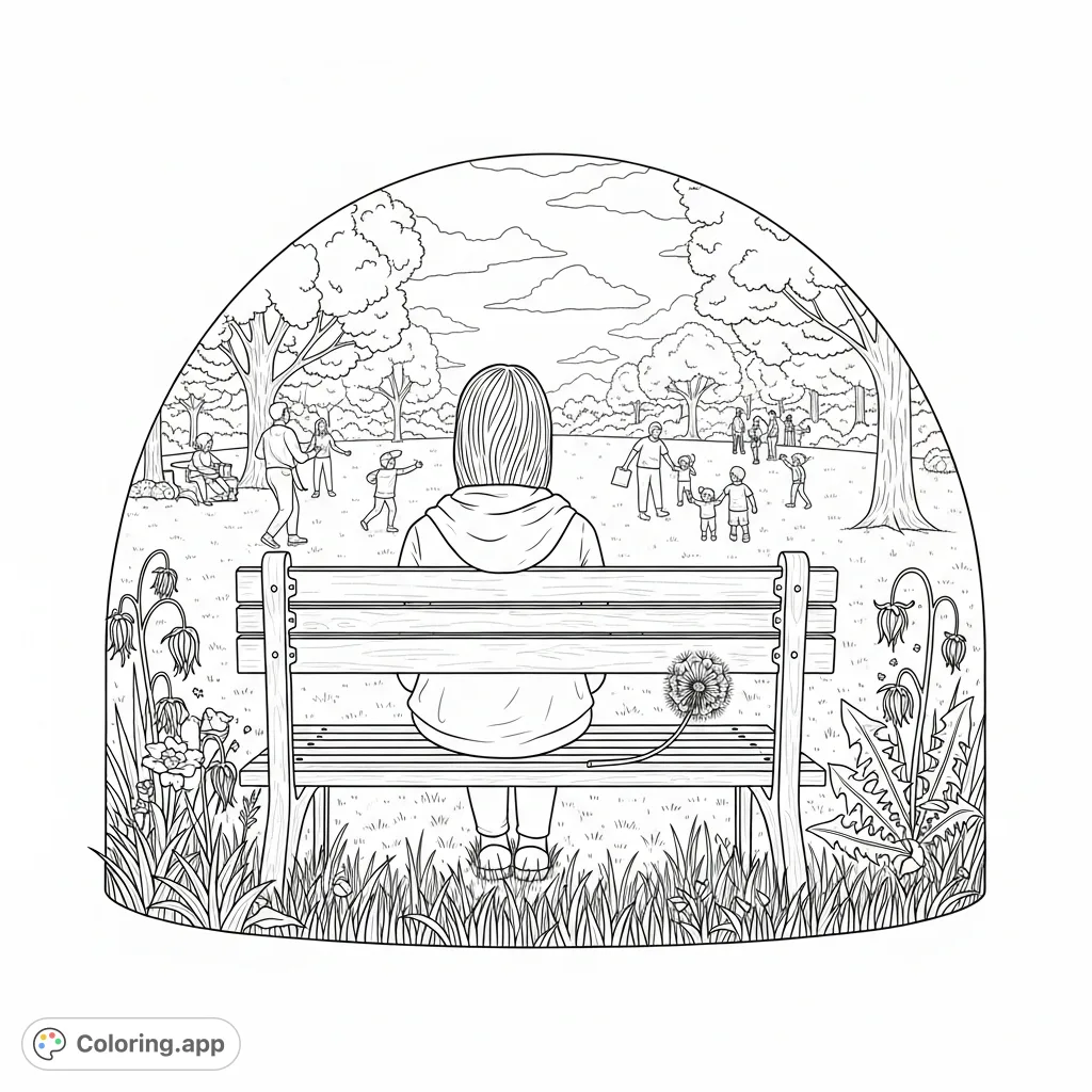 An introspective coloring page showing a person in a subtle dome of wilted nature, contrasted with a vibrant, bustling park beyond. A study in mood.