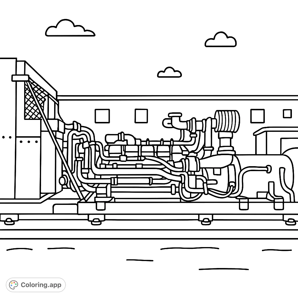Explore this detailed industrial generator coloring page! Intricate pipes, machinery, and a cooling unit offer a challenging, rewarding coloring experience.