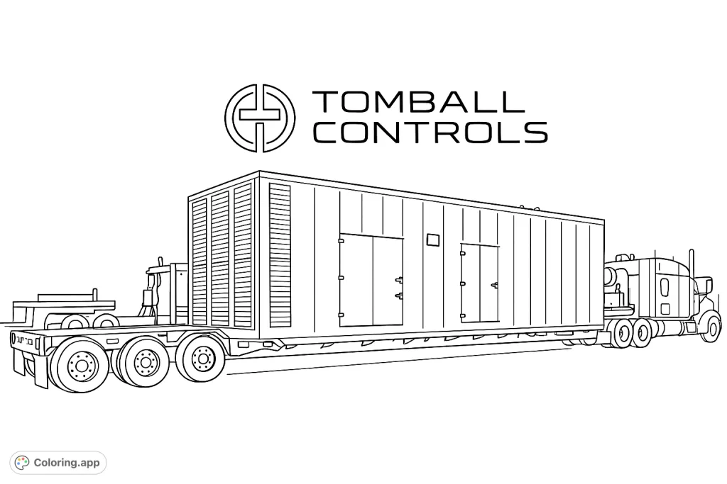 A free printable industrial transport coloring page features a large semi-truck hauling a massive unit, ideal for machinery and vehicle enthusiasts.