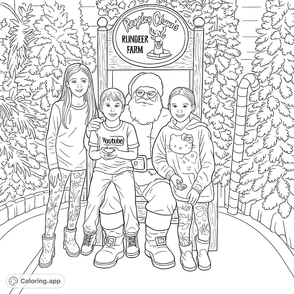 A heartwarming holiday scene with Santa Claus posing with three cheerful children on his grand throne, surrounded by festive winter trees and decor.