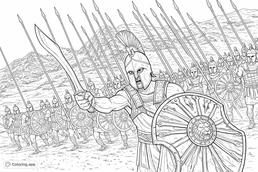 An epic ancient warrior phalanx coloring page, featuring a detailed lead warrior and a marching army against a rugged mountain backdrop. An engaging challenge!