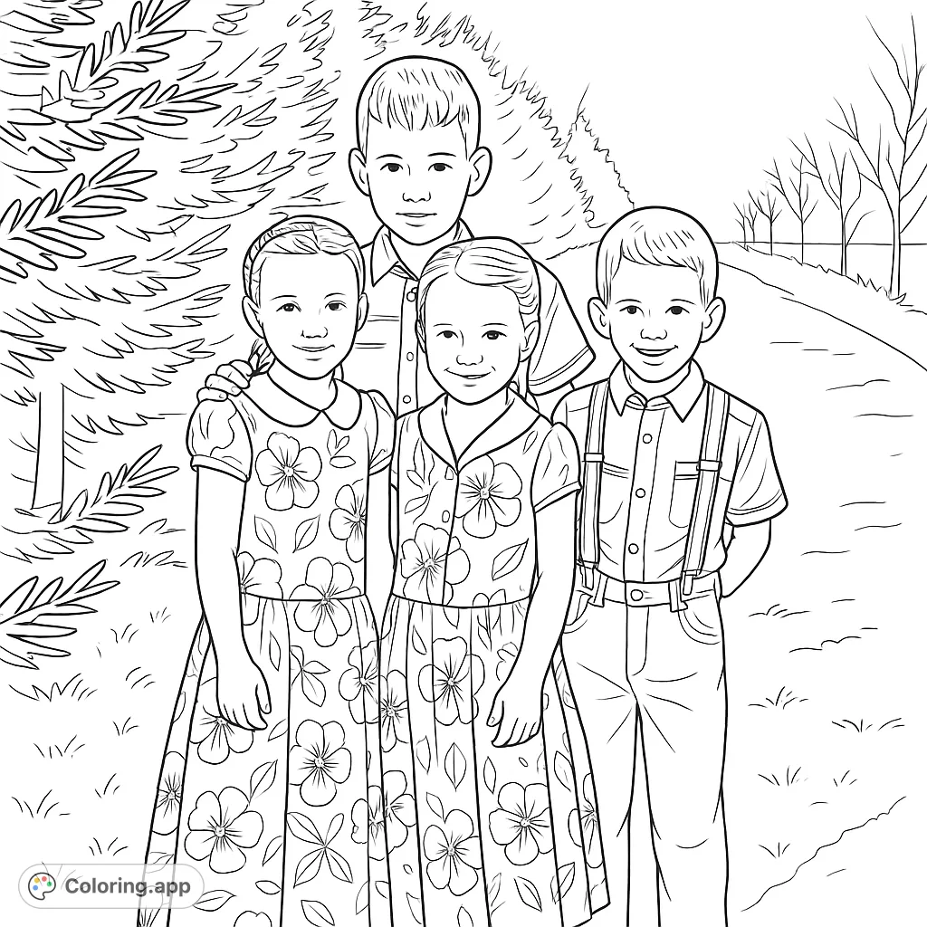 A heartwarming scene of four children, two girls in patterned dresses and two boys in suspenders, standing in a scenic outdoor setting.