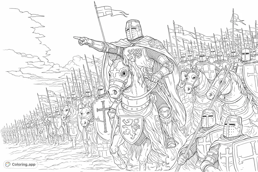 An epic medieval knight on horseback points forward, leading a vast army with numerous banners and shields into an imposing scene of historical valor.