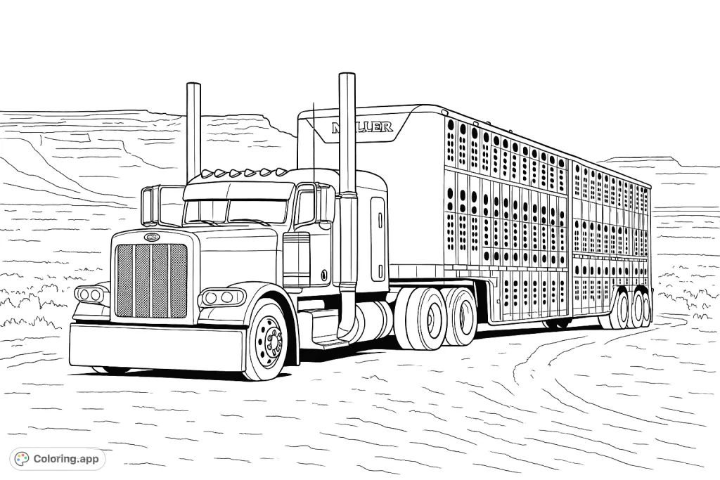 A powerful semi-truck and livestock trailer traversing a vast, rugged desert landscape. Perfect for truck enthusiasts and adventure seekers!