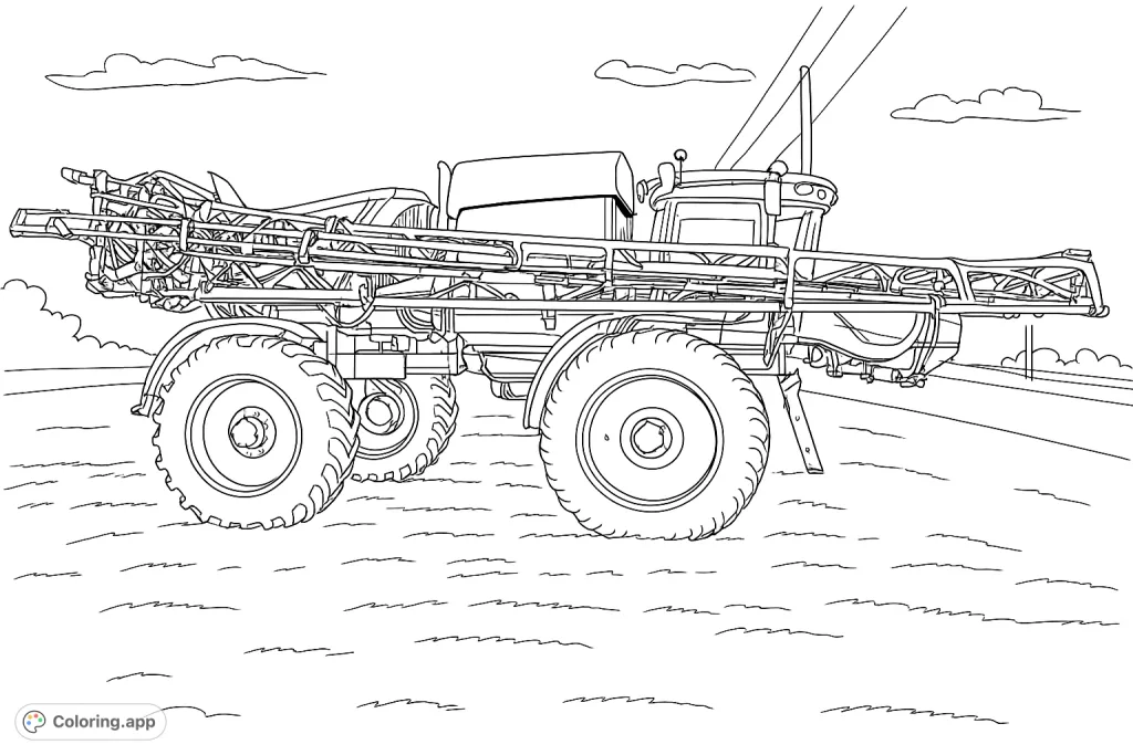 Detailed illustration of a powerful agricultural field sprayer with extensive booms, perfect for farm machinery enthusiasts and aspiring farmers.
