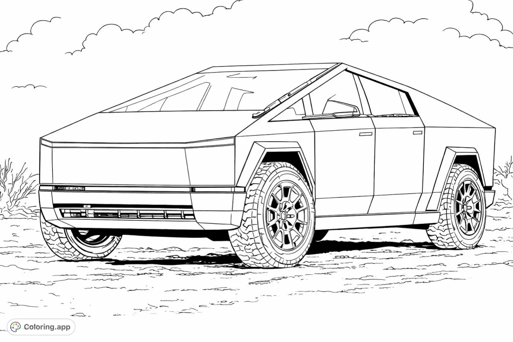 Color a striking futuristic truck with sharp angles and rugged tires, ready for adventure on any terrain. Perfect for vehicle enthusiasts.