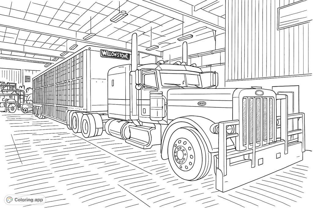 Detailed semi-truck and livestock trailer in a spacious garage, featuring intricate chrome details and heavy-duty design for enthusiasts.